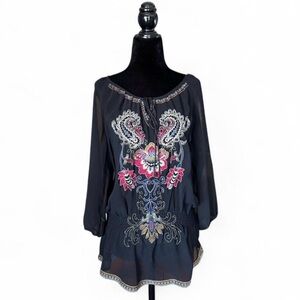 XXI Black Sheer Embroidered Peasant Blouse Size M Boho Y2K Aesthetic